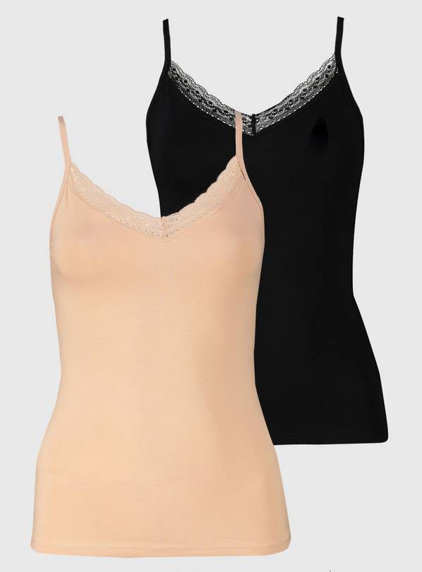 Black & Beige Strappy Lace Trim Slim Fit Vest Top 2 Pack - 2